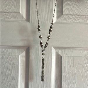 Silver Beaded Necklace 34” chain 3” tassle